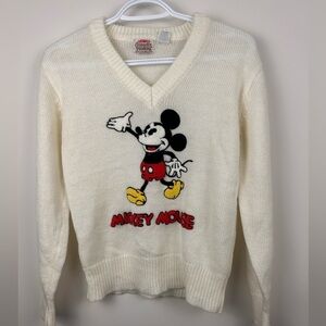 Vintage Disney Mickey Mouse Embroidered Sweater Cream Knit S Retro 70s 80s